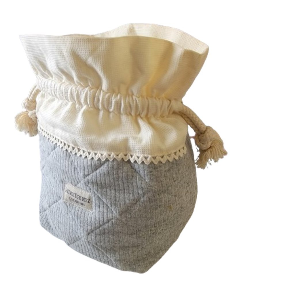 Sylvie Thiriez Creations Two‑Tone Drawstring Tote Bag Rope Pull Grey Beige OS - Picture 10 of 15